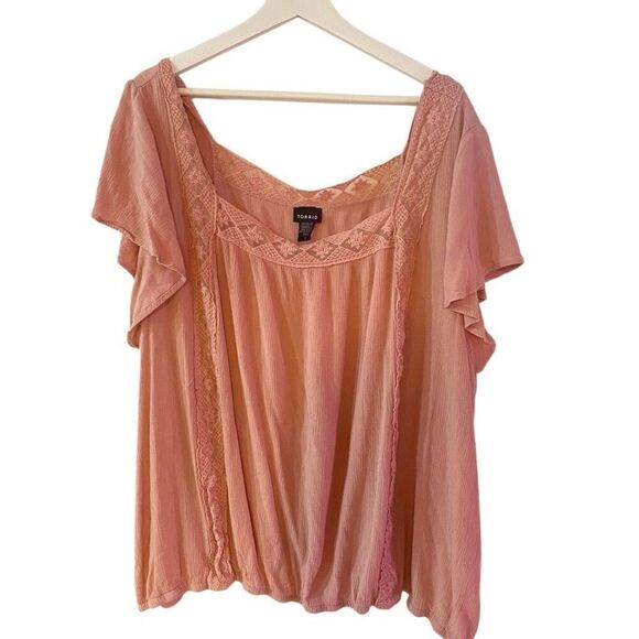 Torrid size 5 =5XL pink shirt sleeve laced gathered bottom - Picture 1 of 5